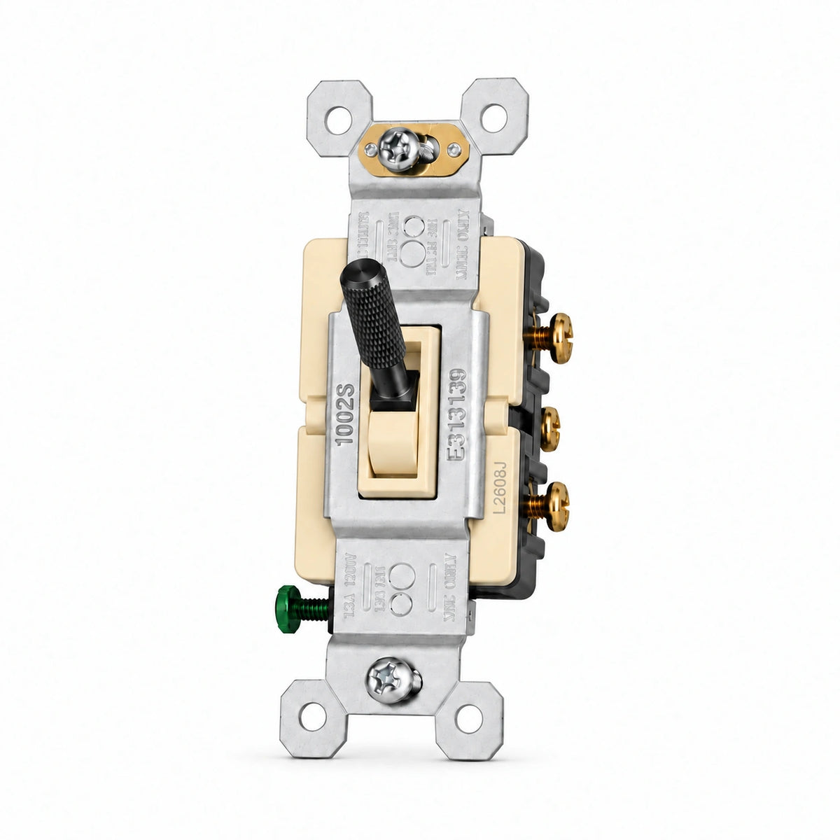 Black knurled toggle switch replacement with ivory frame — individual front view