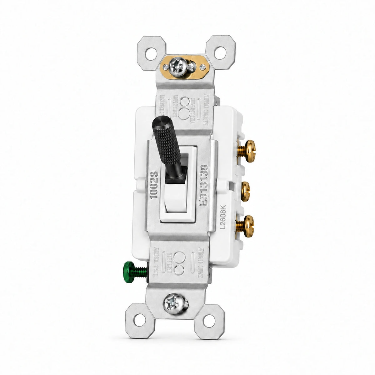 Black knurled toggle switch replacement with white frame — individual front view