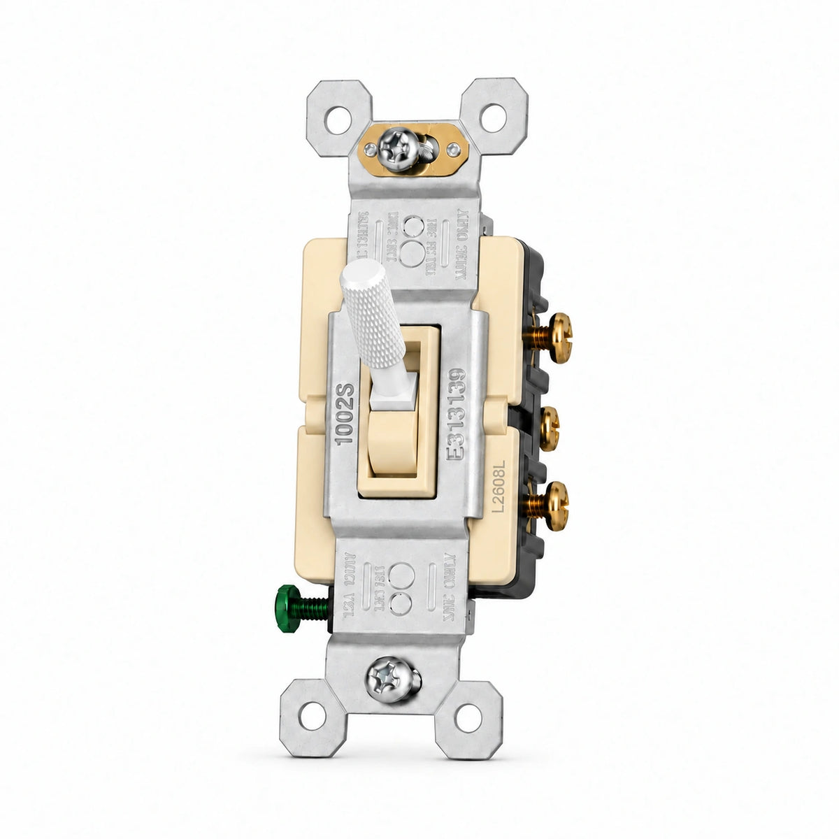White knurled toggle switch replacement with ivory frame — individual front view