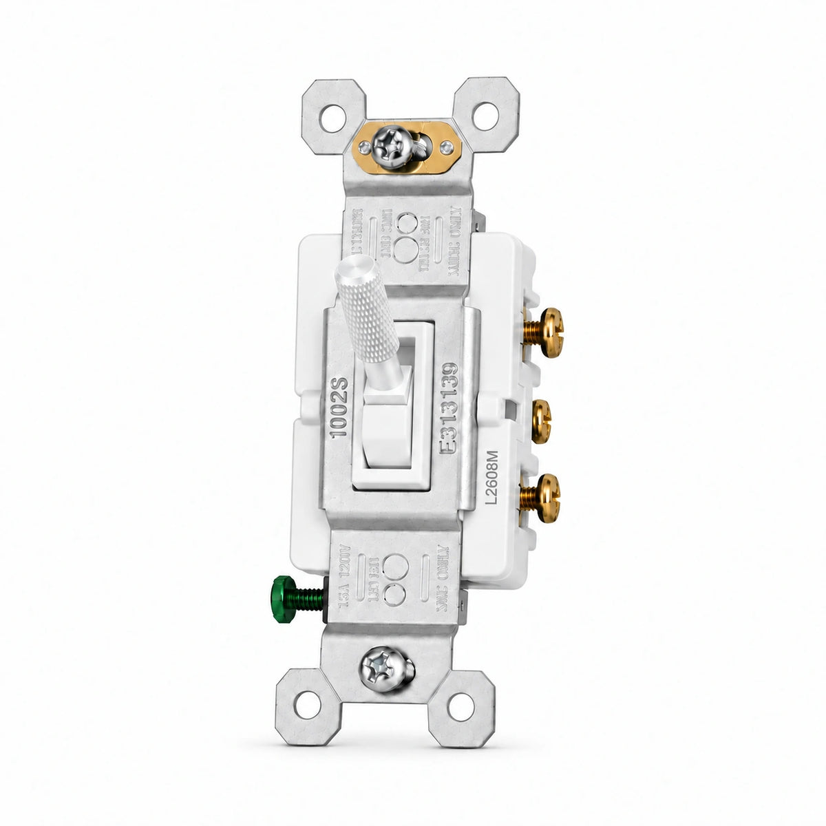 White knurled toggle switch replacement with white frame — individual front view