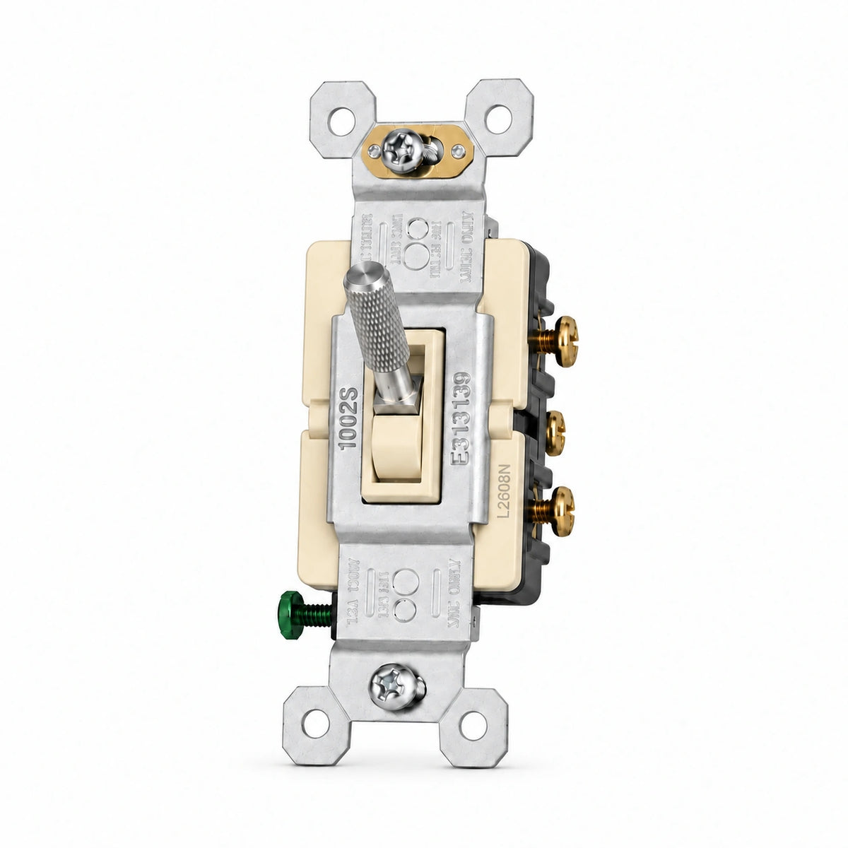 Stainless Steel knurled toggle switch replacement with ivory frame — individual front view