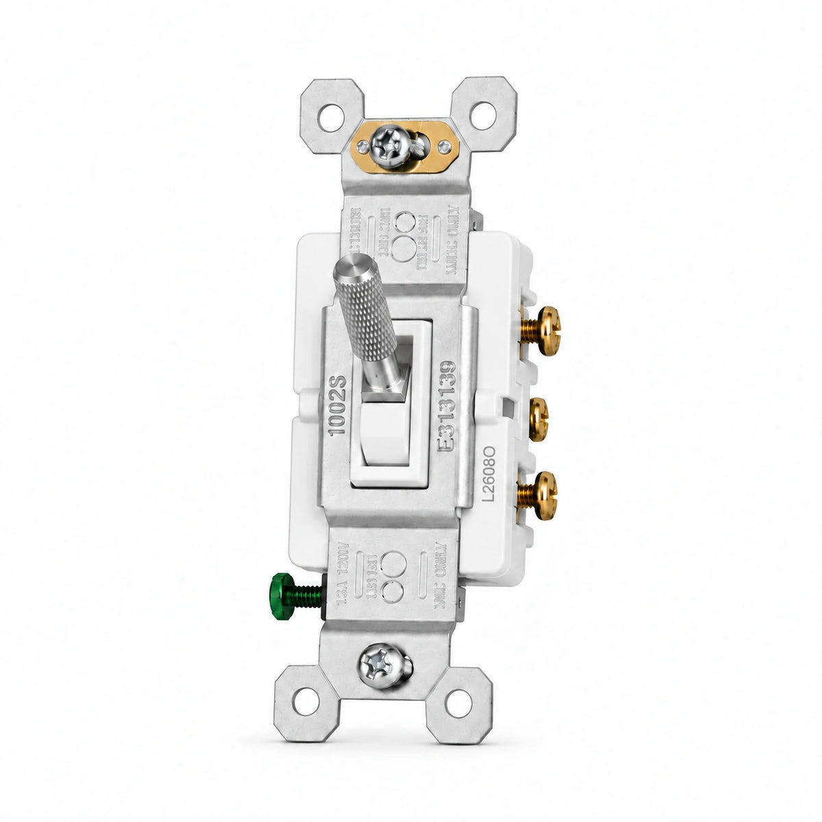 Stainless Steel knurled toggle switch replacement with white frame — individual front view