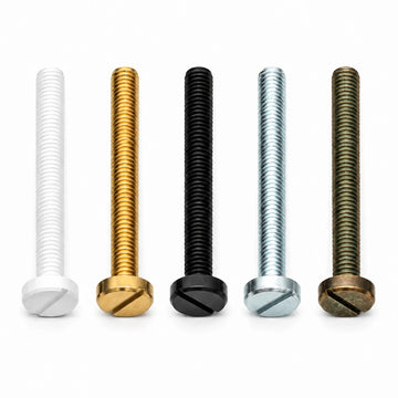 1.5 inch screws in white, brass, black, stainless steel and antique bronze with subtle green patina