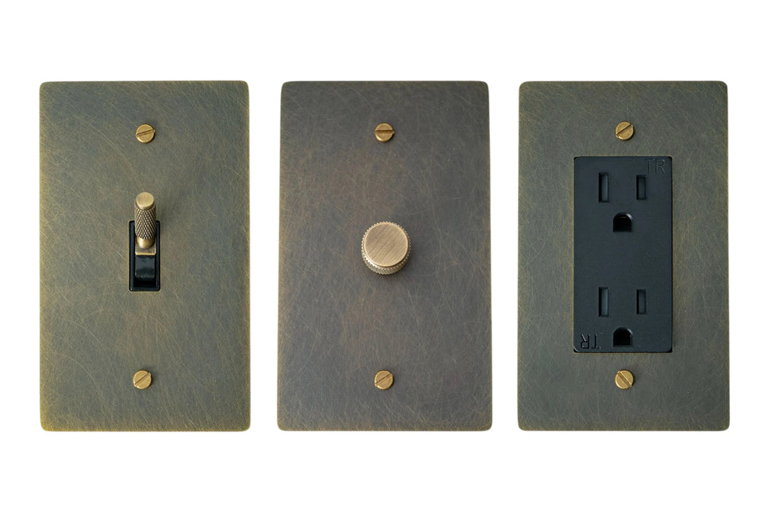 GetSwitches toggle switch, rotary dimmer and duplex outlet sample set in Aged Bronze (Hand-Brushed), matching.