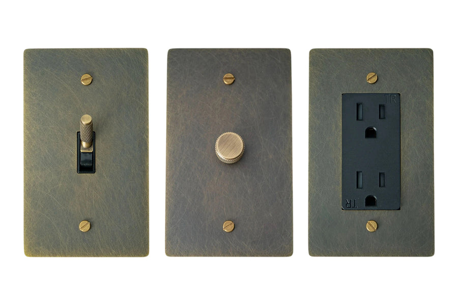 GetSwitches toggle switch, rotary dimmer and duplex outlet sample set in Aged Bronze (Hand-Brushed), matching.