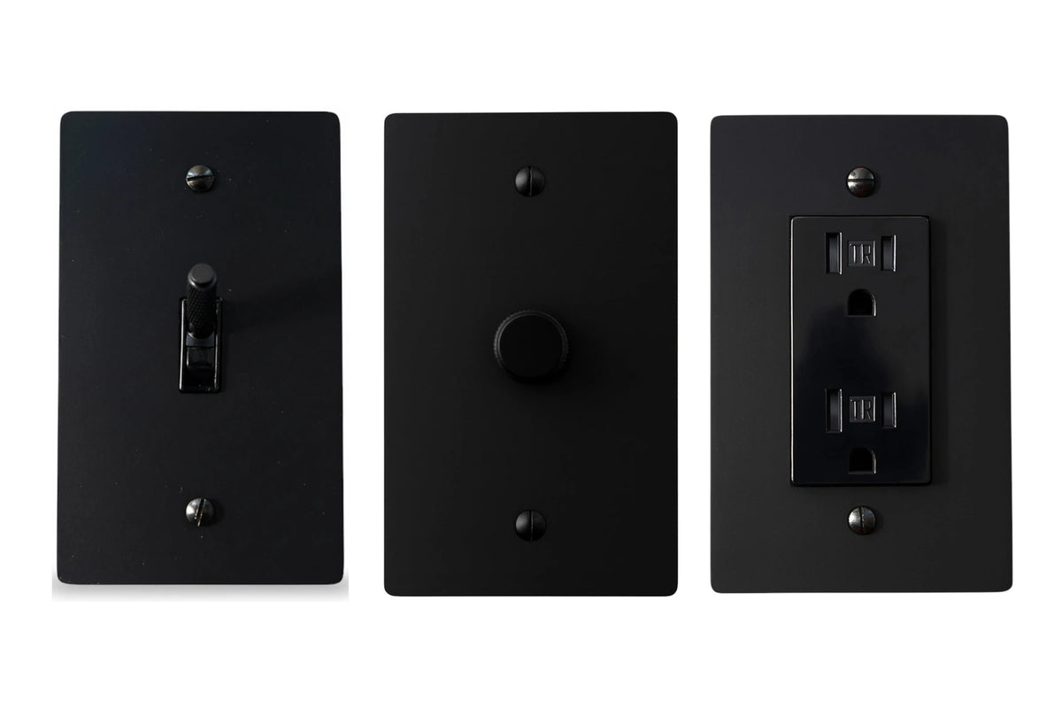 GetSwitches toggle switch, rotary dimmer and duplex outlet sample set in Matte Black, matching.