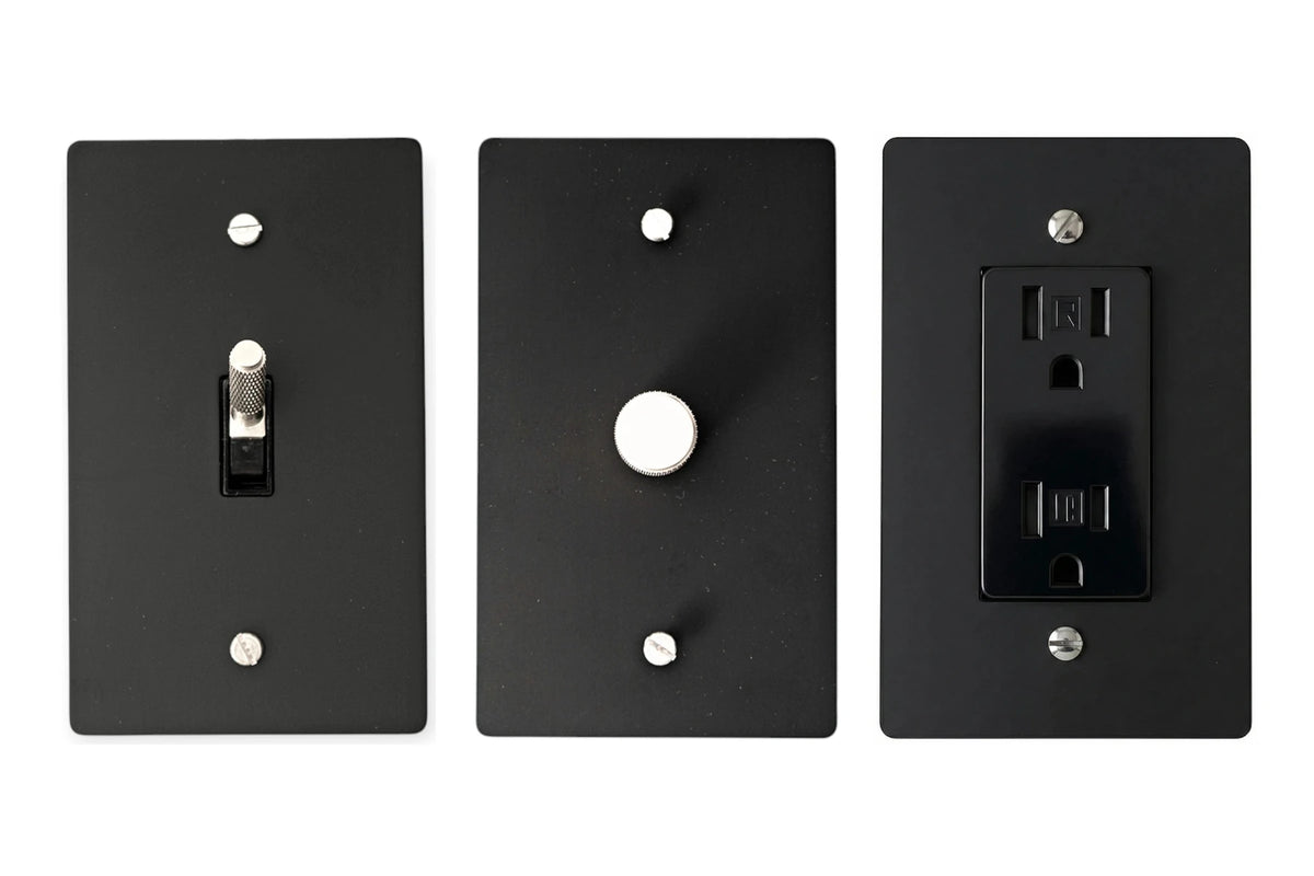 GetSwitches toggle switch, rotary dimmer and duplex outlet sample set in Matte Black, stainless accents.