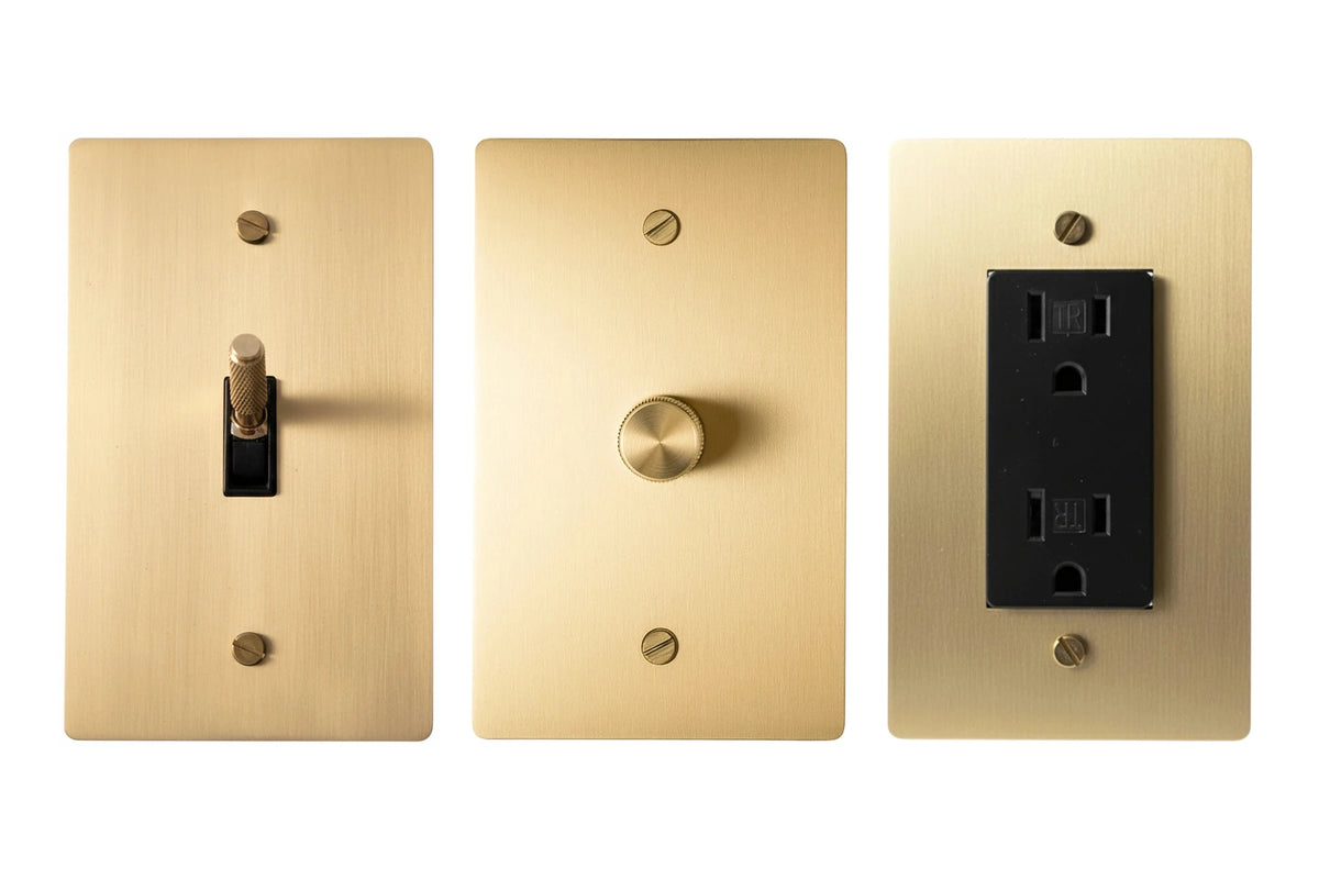 GetSwitches toggle switch, rotary dimmer and duplex outlet sample set in Satin Brass, matching.