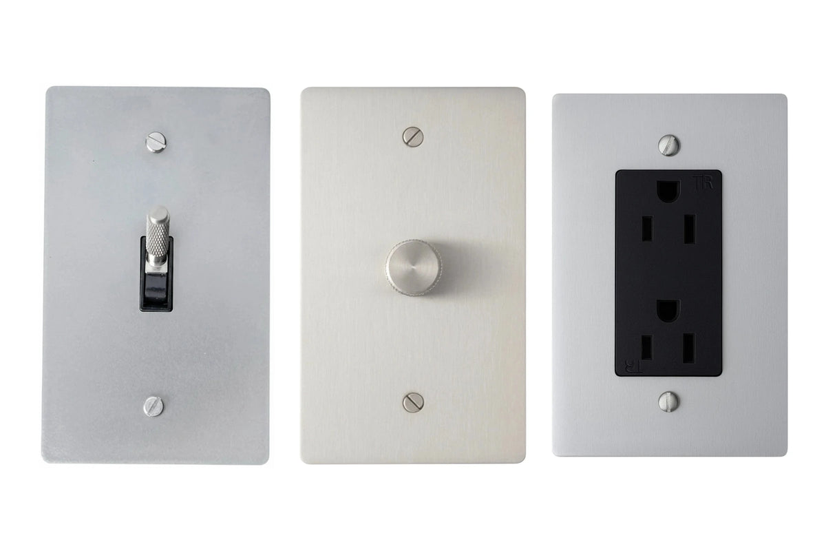 GetSwitches toggle switch, rotary dimmer and duplex outlet sample set in Stainless Steel, matching.