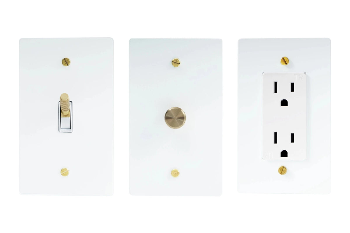 GetSwitches toggle switch, rotary dimmer and duplex outlet sample set in White, brass accents.