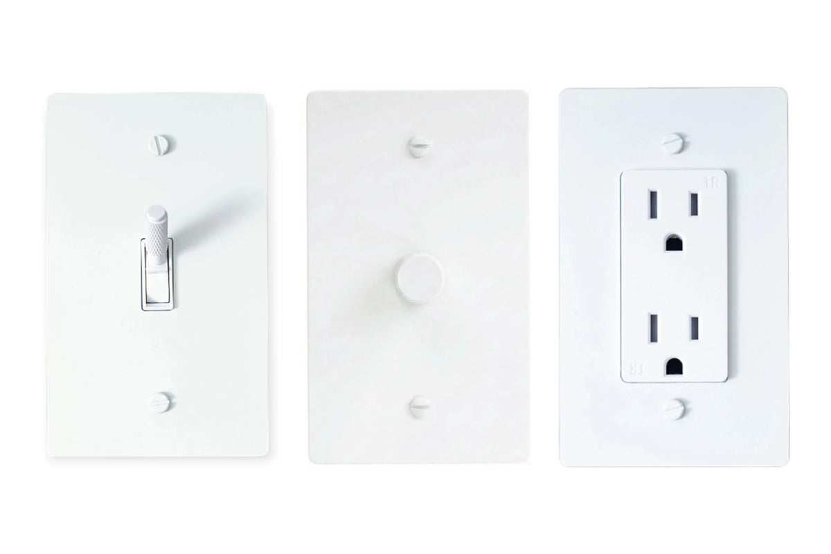 GetSwitches toggle switch, rotary dimmer and duplex outlet sample set in White, matching.