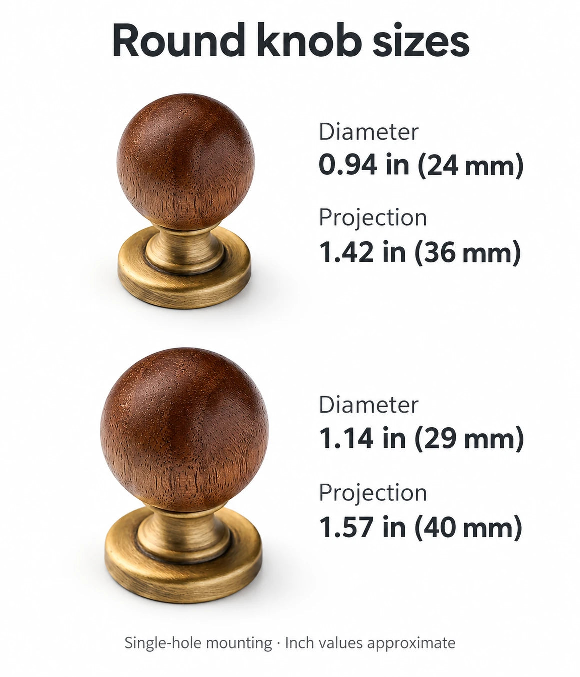 Walnut knob sizes: 24 mm and 29 mm diameters, with projections in inches and millimeters