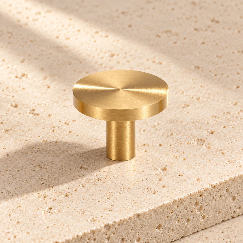 gold brass minimalist round knob on pale limestone.