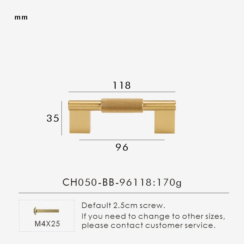 Measurement chart with gold brass cross-knurled pull 118 mm long and dimensions on a white background.