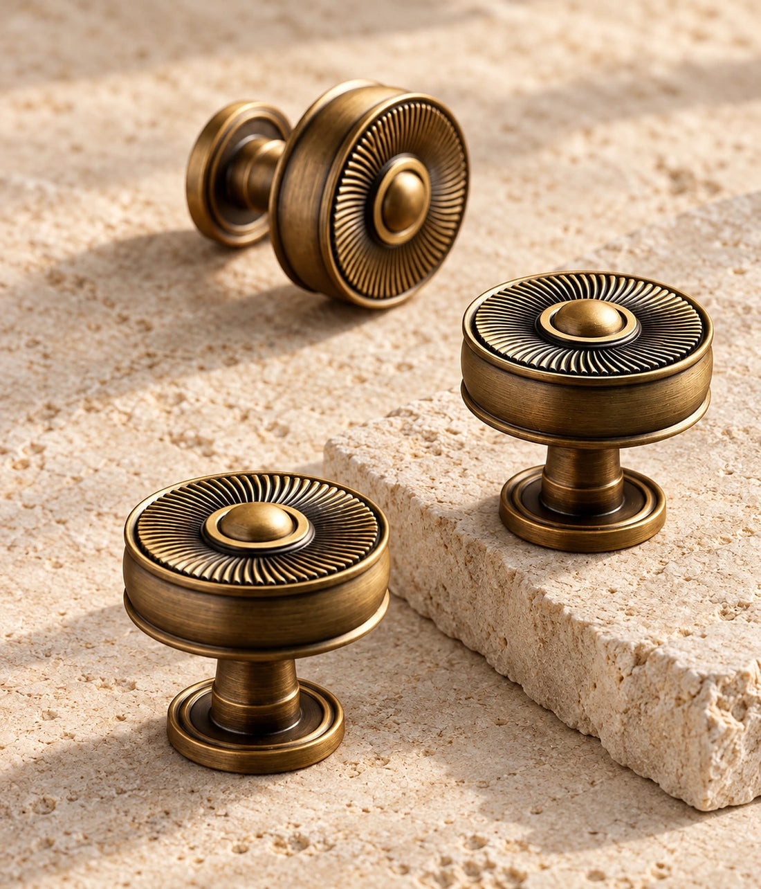Antique Brass Sunburst Cabinet Knob arranged on warm limestone, showing the antique brushed brass finish