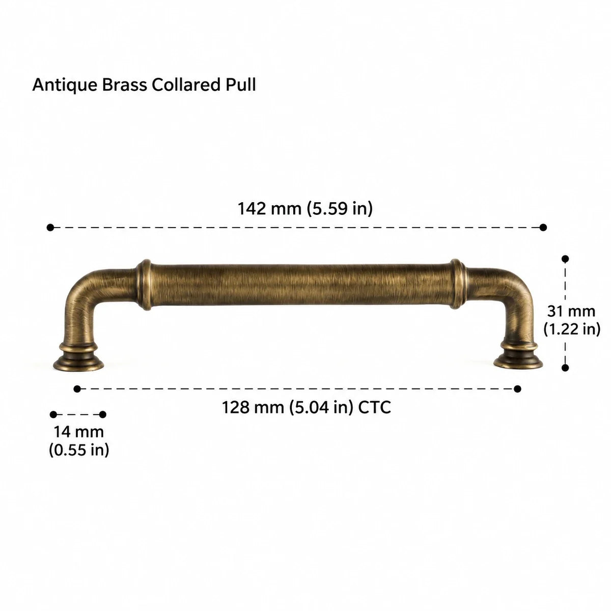 Antique brass collared pull: 5.04 in (128 mm) CTC and 5.59 in (142 mm) overall length