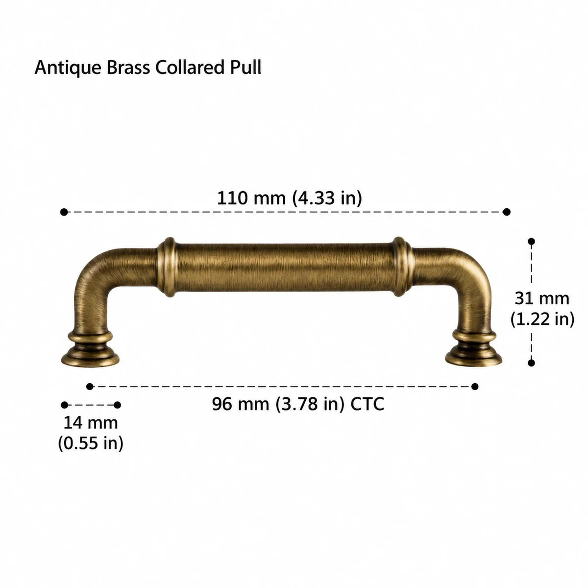 Antique brass collared pull: 3.78 in (96 mm) CTC and 4.33 in (110 mm) overall length