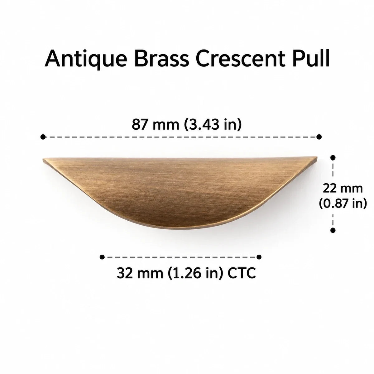 Antique brass crescent pull with 32 mm center-to-center mounting spacing and dimensions in inches and millimeters