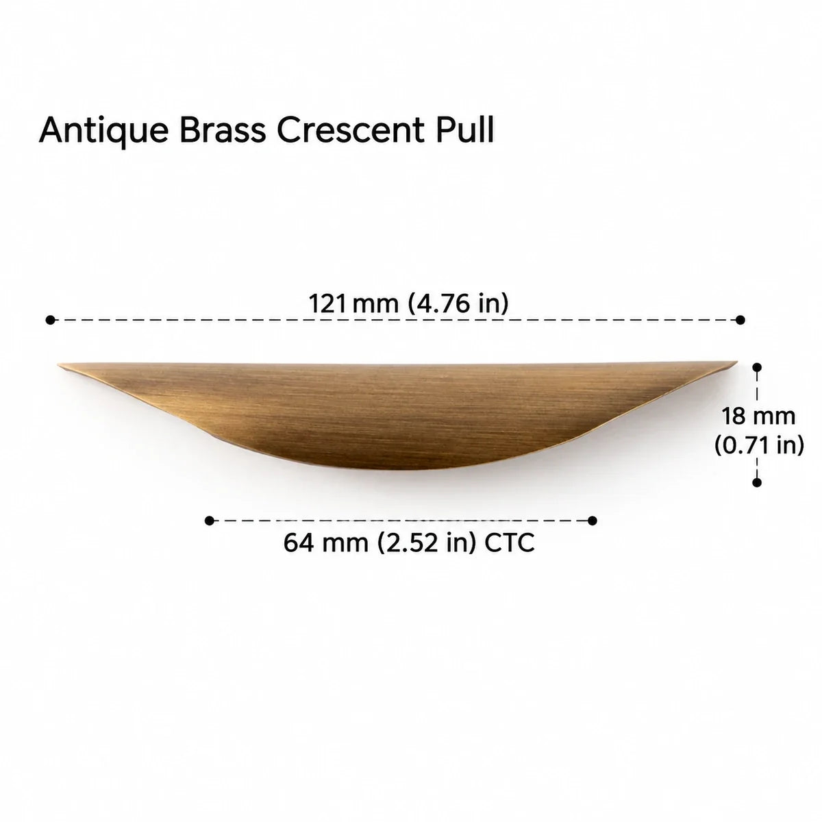 Antique brass crescent pull with 64 mm center-to-center mounting spacing and dimensions in inches and millimeters