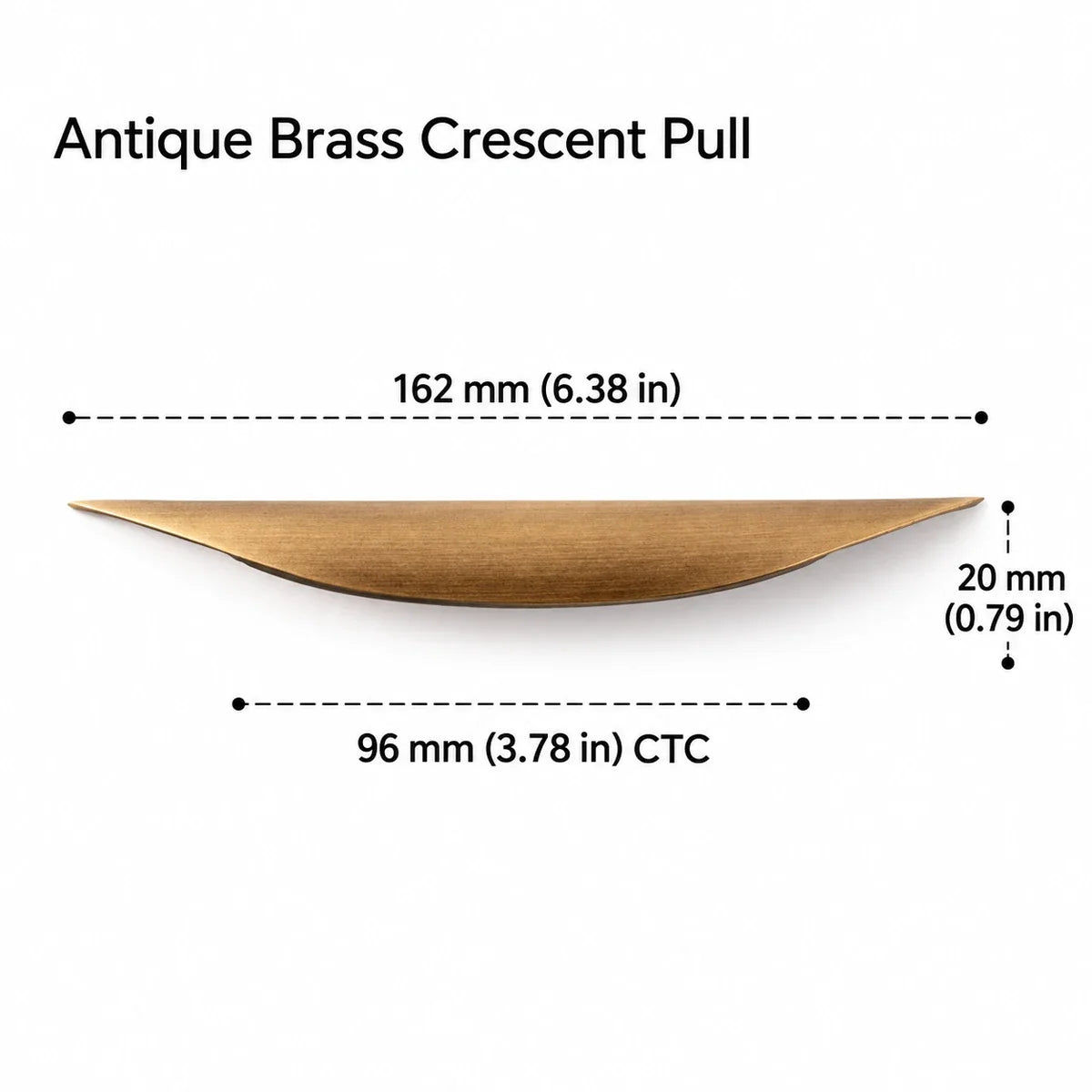 Antique brass crescent pull with 96 mm center-to-center mounting spacing and dimensions in inches and millimeters