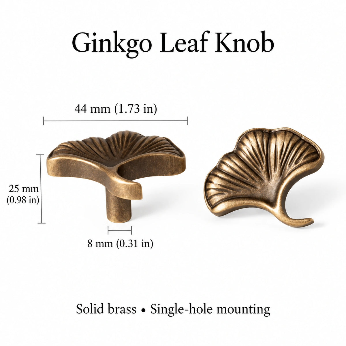 Ginkgo leaf cabinet knob dimensions: 1.73 inches (44 mm) wide and 0.98 inches (25 mm) projection
