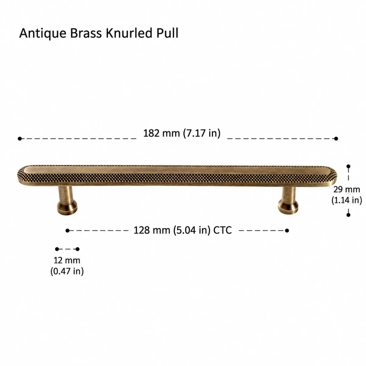 Antique brass knurled rim pull: 5.04 in (128 mm) CTC and 7.17 in (182 mm) overall length