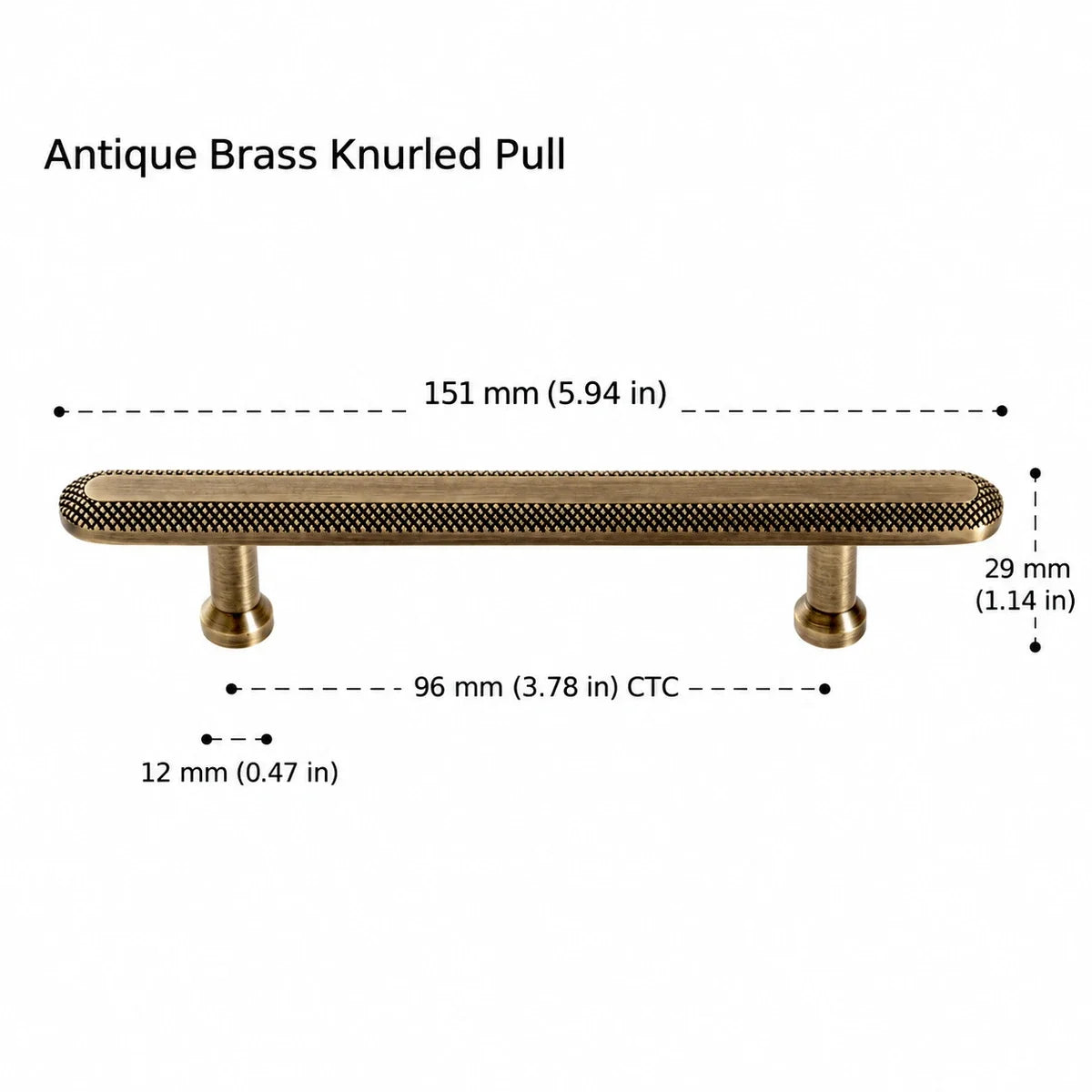 Antique brass knurled rim pull: 3.78 in (96 mm) CTC and 5.94 in (151 mm) overall length