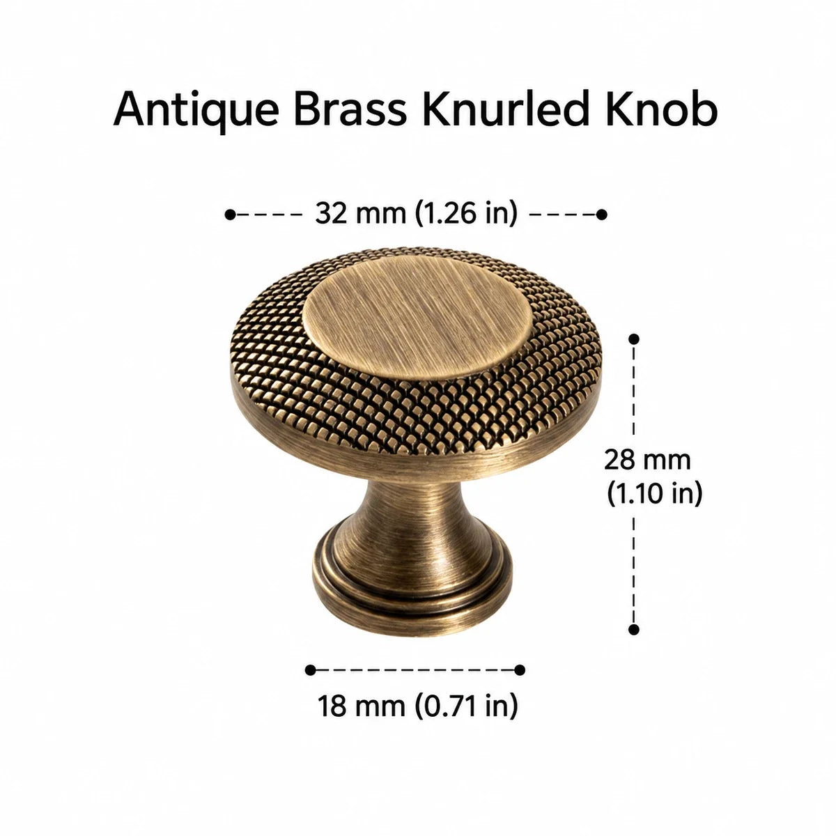 Antique brass knurled rim knob: 1.26 in (32 mm) diameter and 1.10 in (28 mm) projection