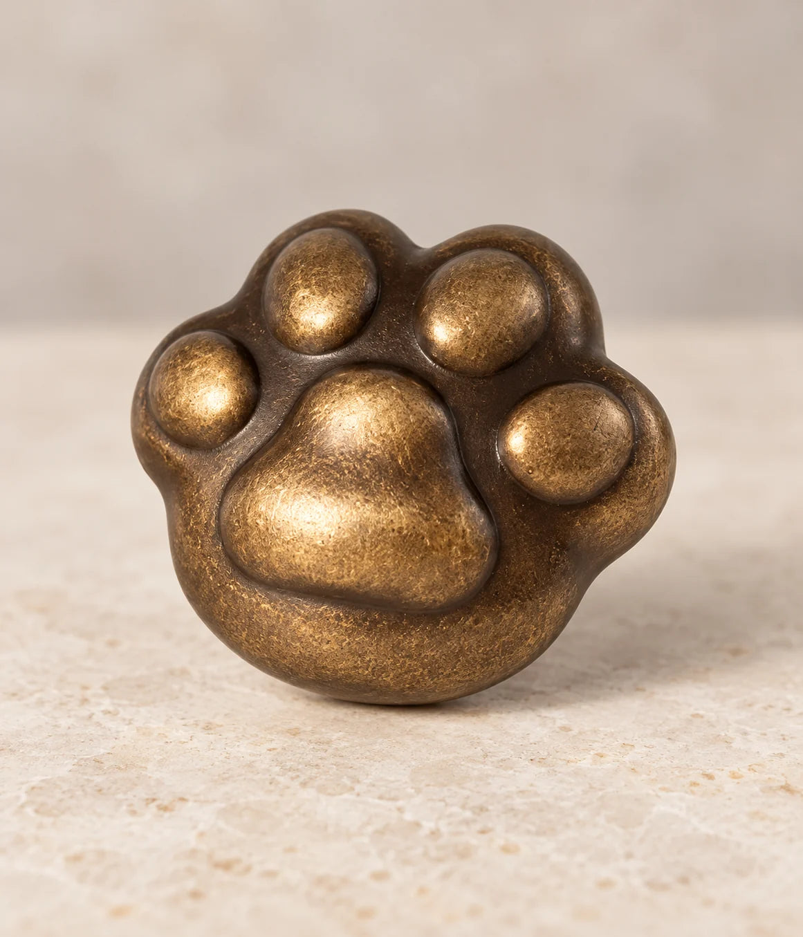 Close-up of raised pads on an antique brass paw cabinet knob