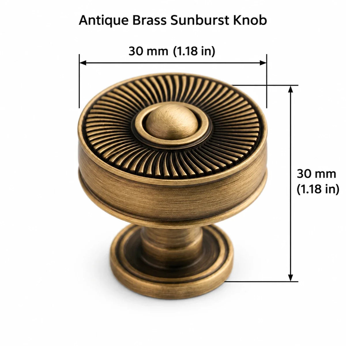 Antique brass sunburst knob: 1.18 in (30 mm) diameter and projection
