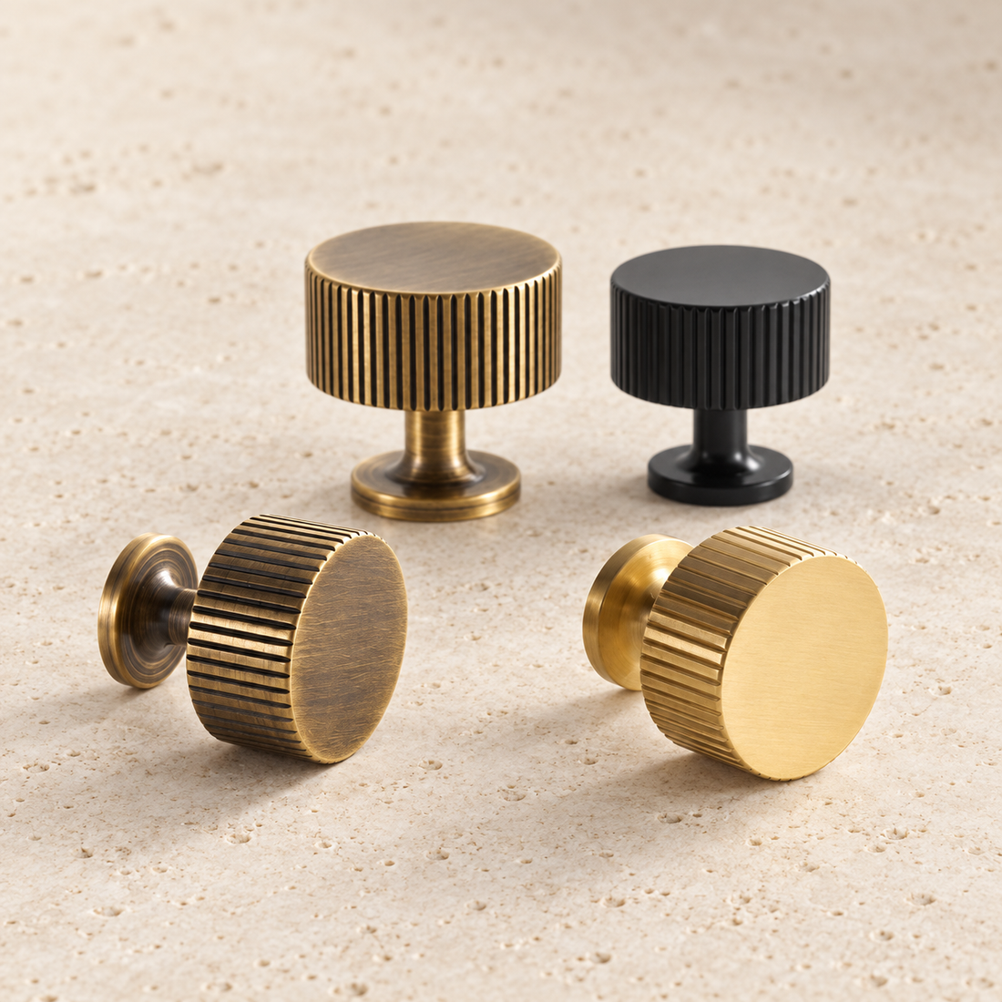 Art Deco Solid Brass Cabinet Knob on pale limestone.