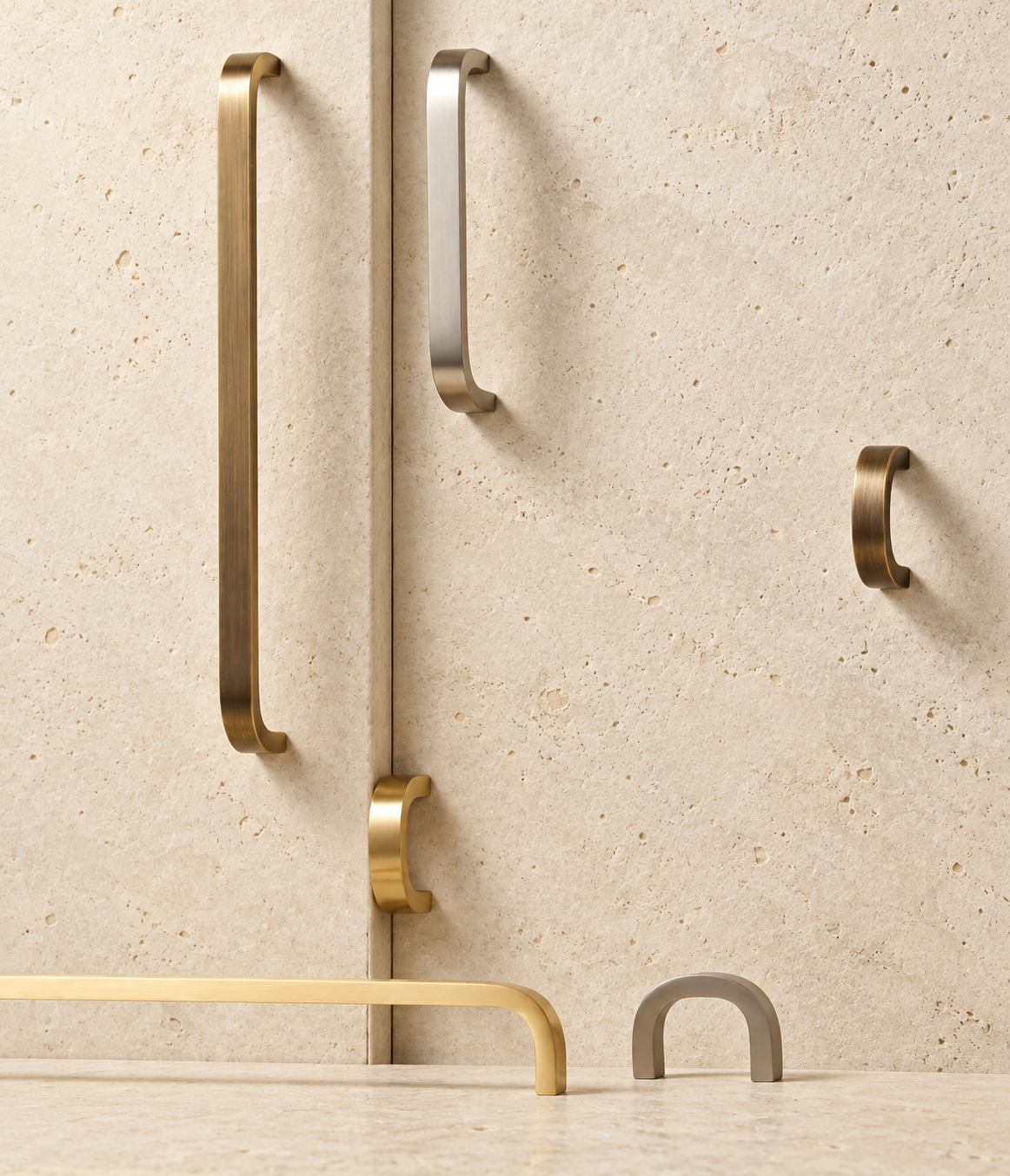 Solid Brass Bent Handle displayed on pale limestone.