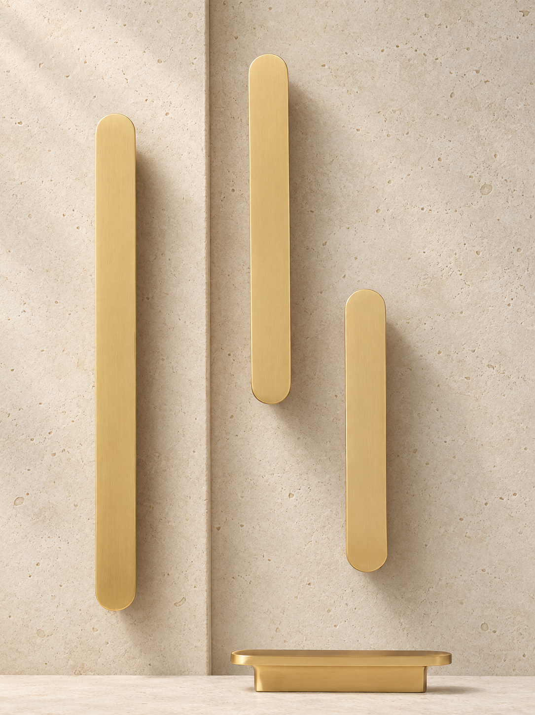 Brass Circular-End Handle displayed on pale limestone.