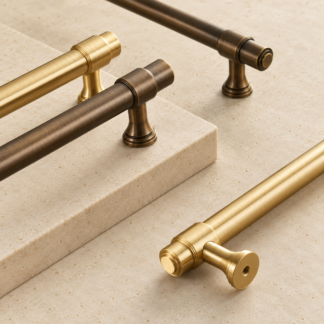 Solid Brass Door Pull Handle displayed on pale limestone.