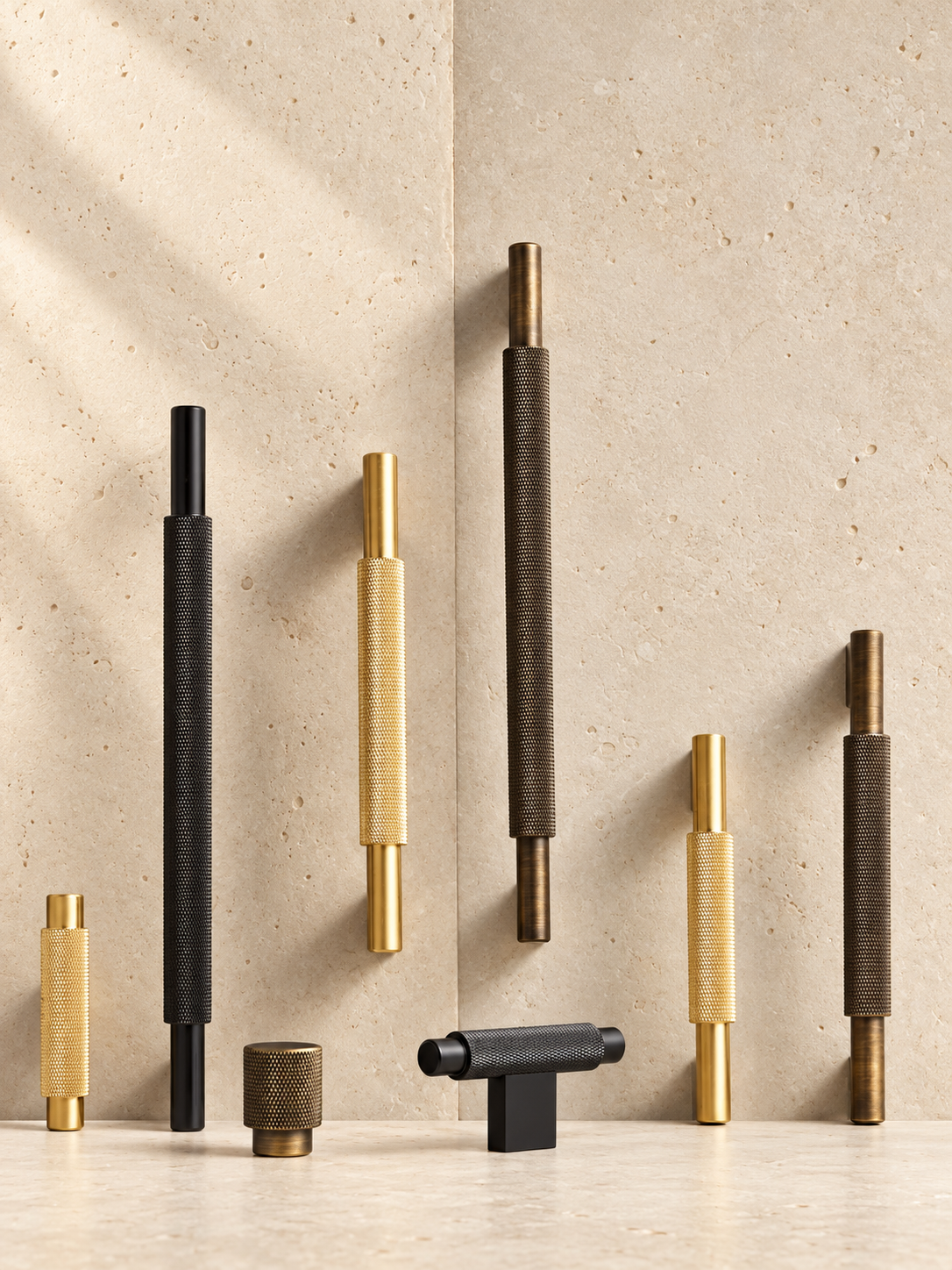 Solid Brass Cross Knurled Handle displayed on pale limestone.