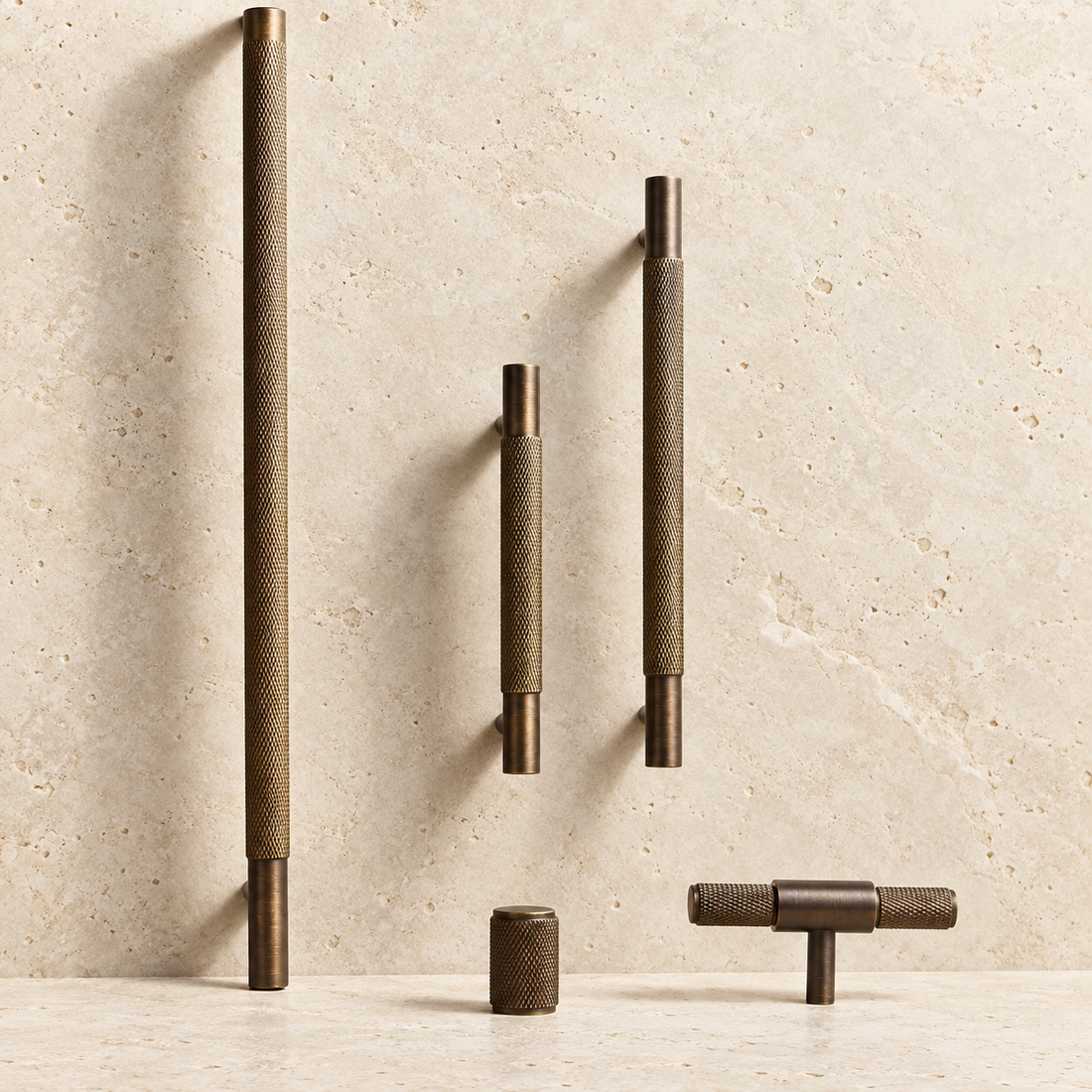 Solid Brass Cross Knurled Handle displayed on pale limestone.