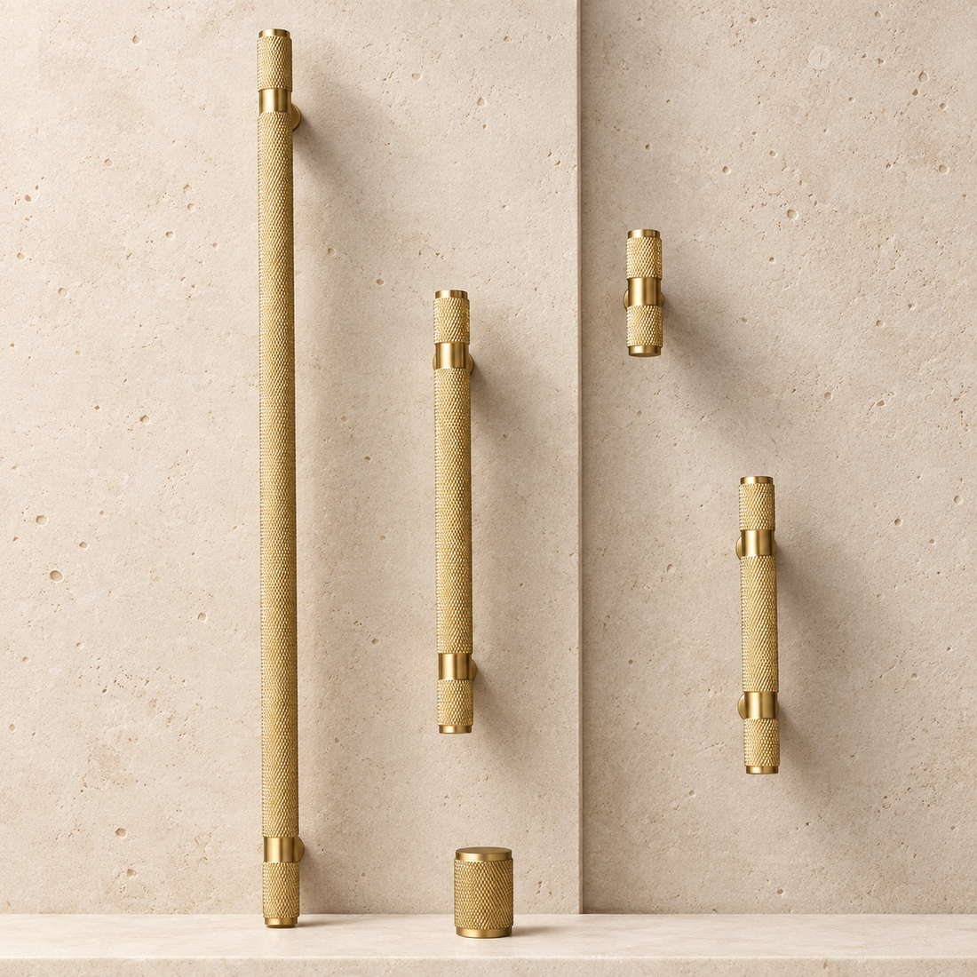 Brass Cross Knurled Handle displayed on pale limestone.