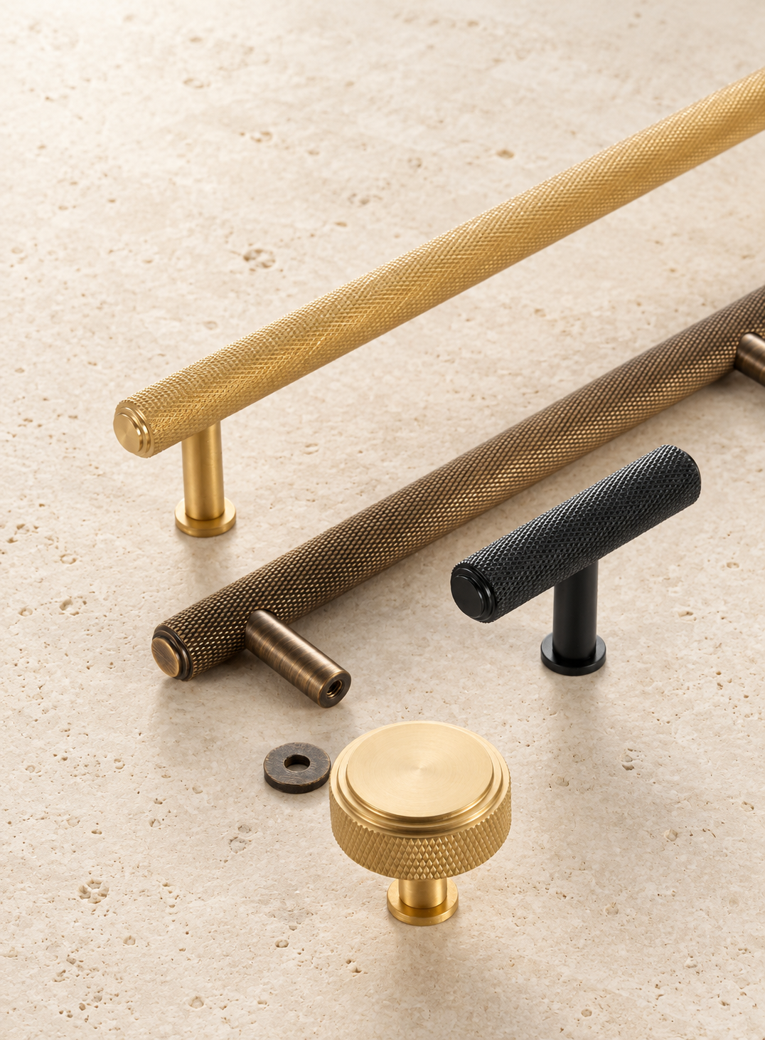 Solid Brass Knurled Handle displayed on pale limestone.