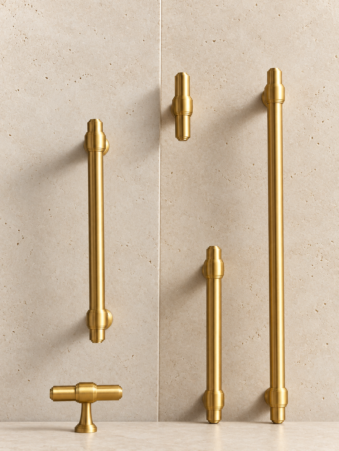 Solid Brass European Luxury Handle displayed on pale limestone.