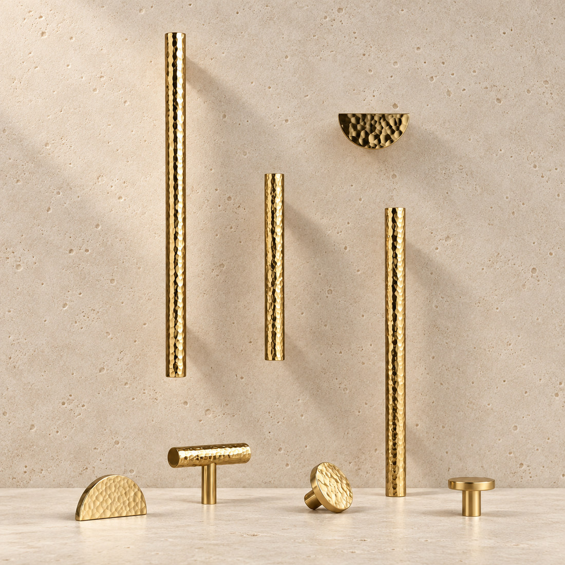 Solid Brass Hammered Handle displayed on pale limestone.