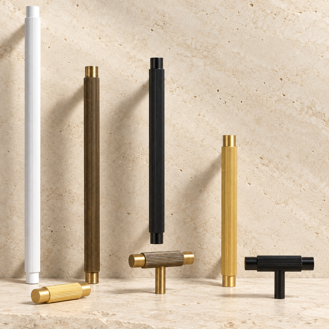 Solid Brass Linear Handle displayed on pale limestone.
