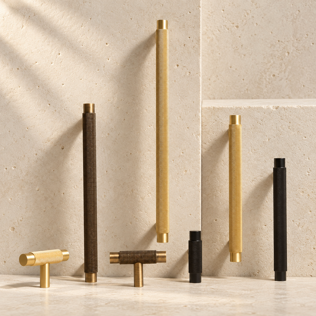 Solid Brass Knurled Handle displayed on pale limestone.