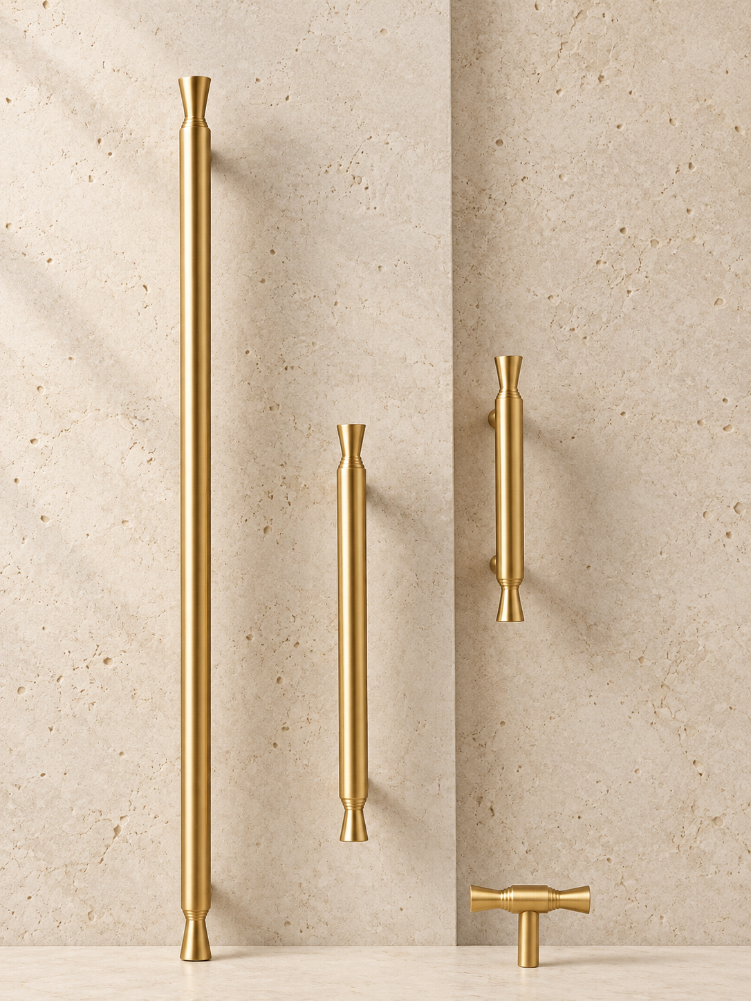 Solid Brass T-Bar Handle displayed on pale limestone.