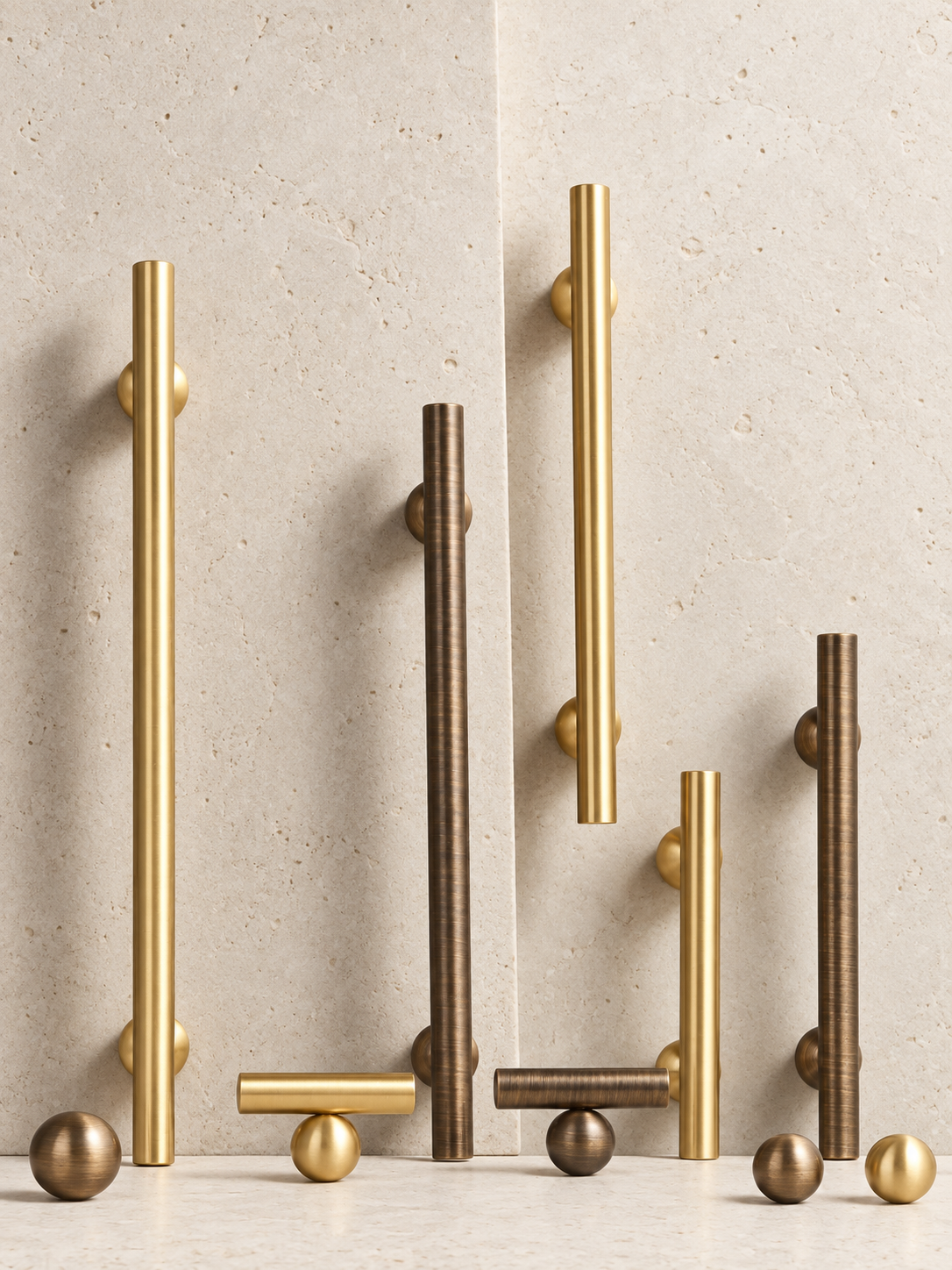 Brass Round Ball Handle displayed on pale limestone.