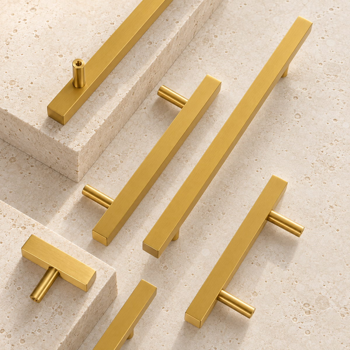 Solid Brass Square Door Pull displayed on pale limestone.