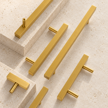 Solid Brass Square Door Pull displayed on pale limestone.