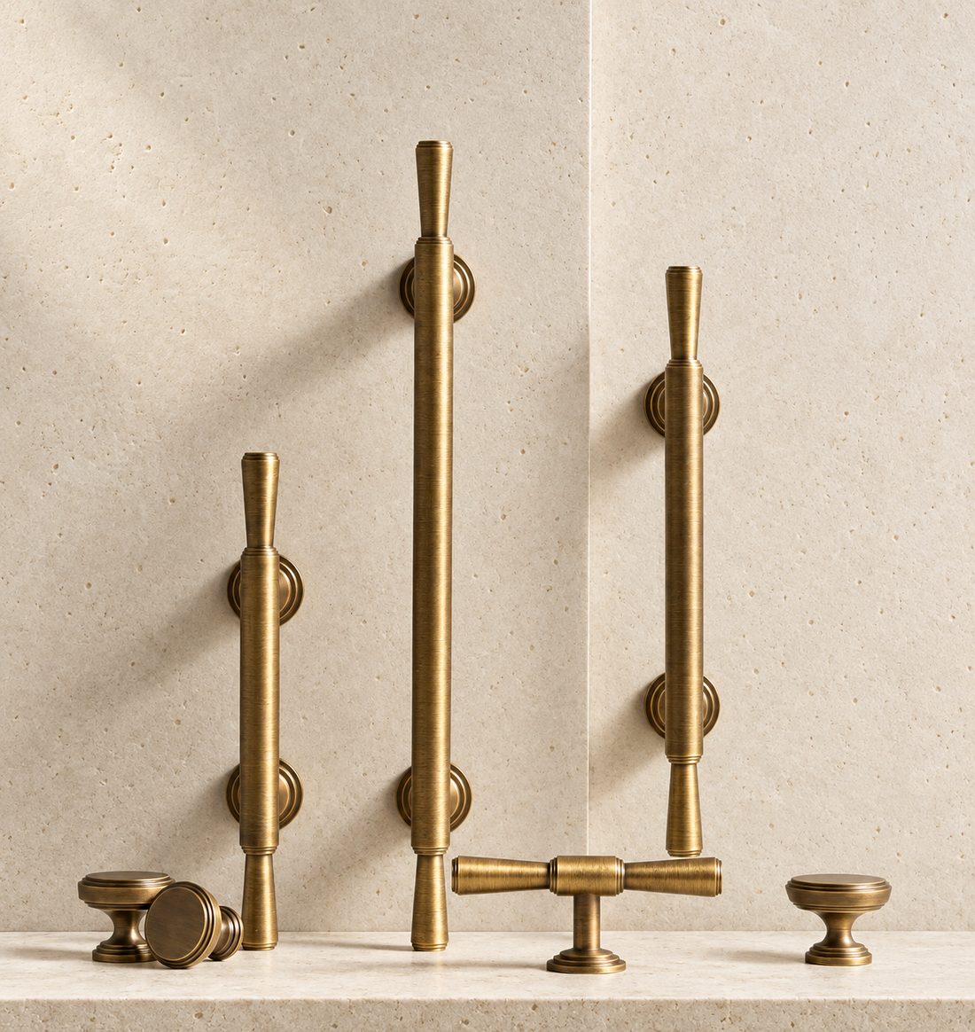 Solid Brass Handle displayed on pale limestone.