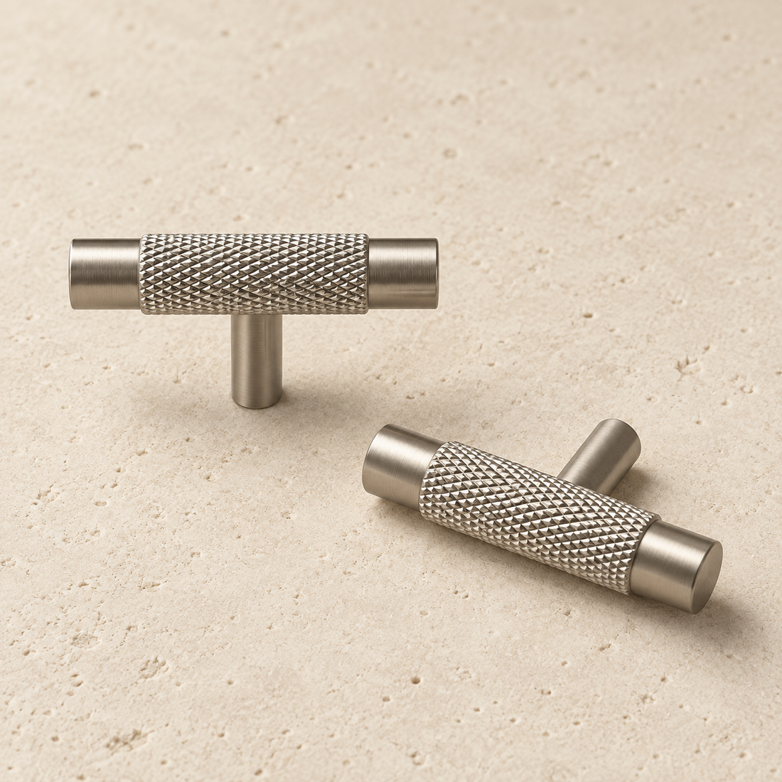 Solid Brass Knurled Knob displayed on pale limestone.