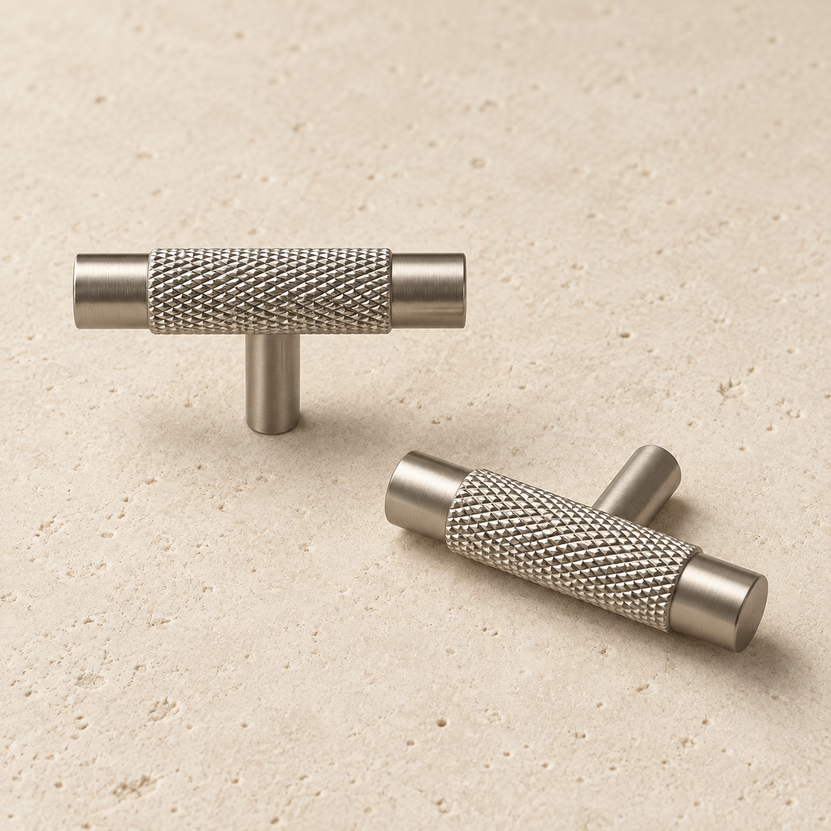 Solid Brass Knurled Knob displayed on pale limestone.