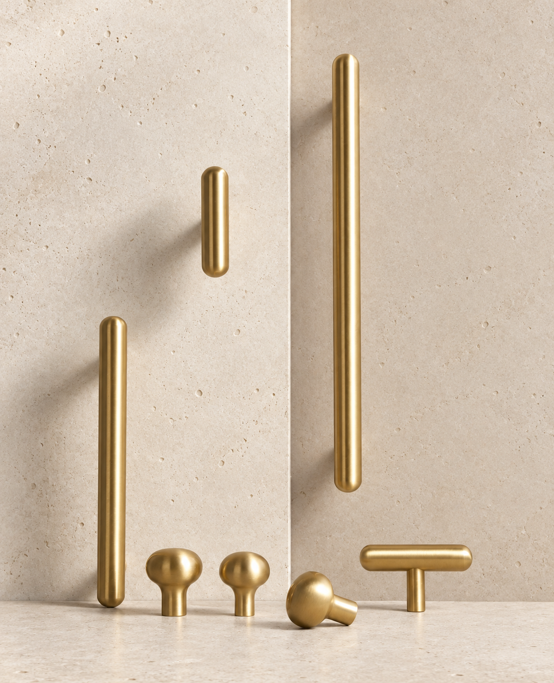Solid Brass Smooth Round Knob displayed on pale limestone.